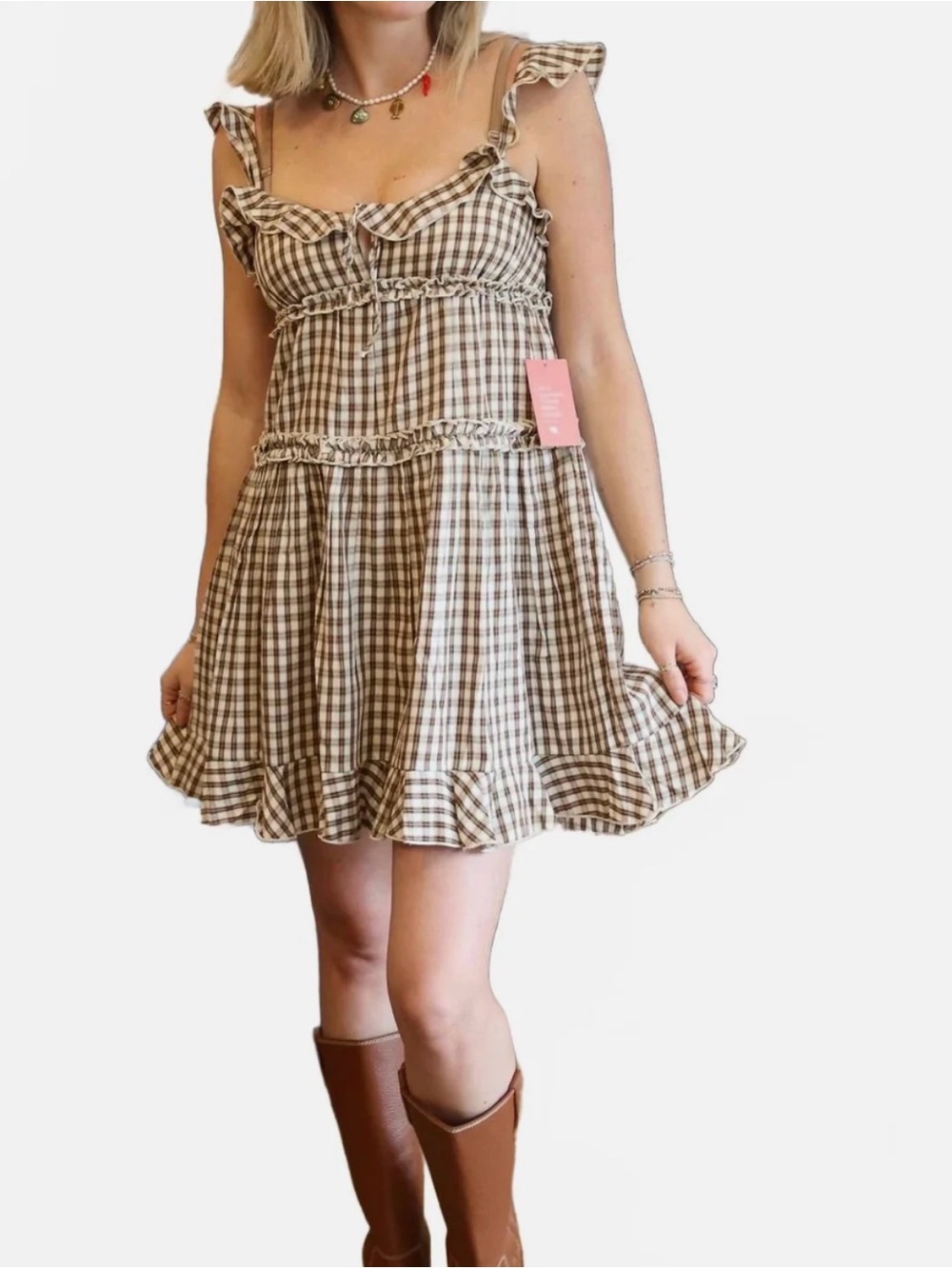 Bila 77 Karelia Plaid Gingham Ruffle Tiered Mini Dress Womens Medium Brown Cream